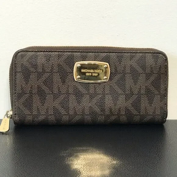 Michael Kors Jet Set Brown MK Signature Logo Large Zip Wallet Clutch - Picture 2 of 16